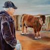 man and steer oil painting